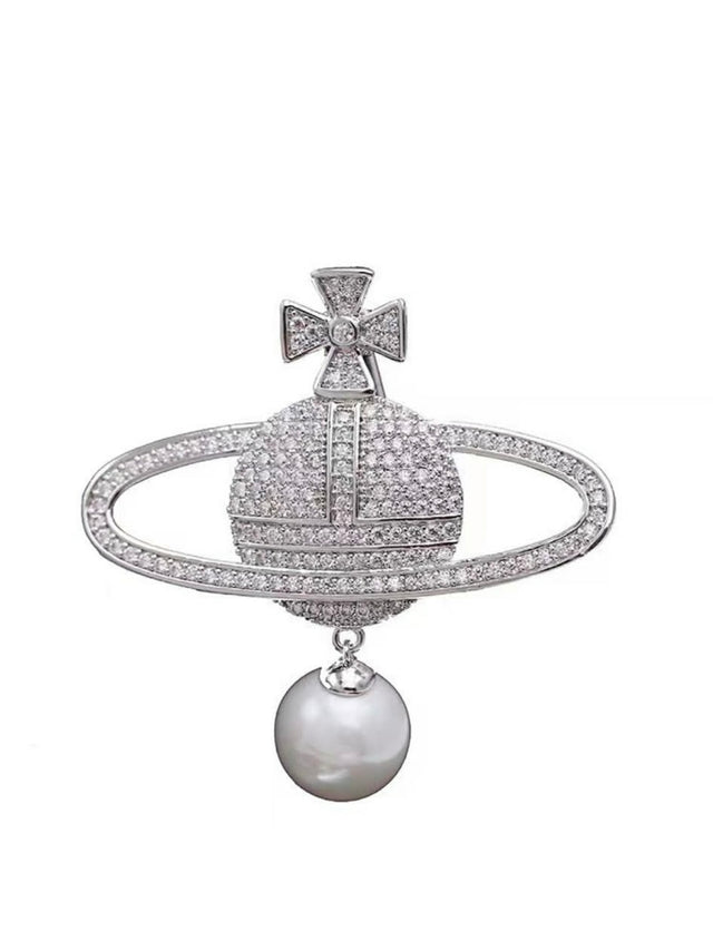 Orb Crown Brooch with Pearl - Silver