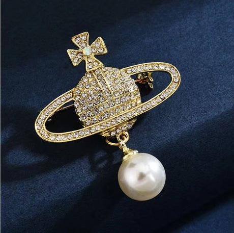 Orb Crown Brooch with Pearl - Gold