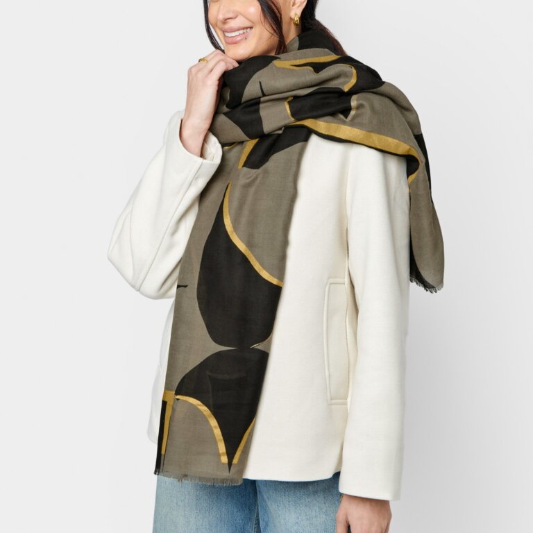 Katie Loxton Geometric Arch Foil Scarf - Khaki/Black/