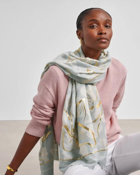Katie Loxton Printed Foil Scarf - Golden Floral Line - Green