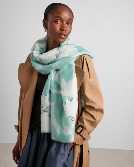 Katie Loxton Printed Foil Scarf - Floral - Sage/Off White/Silver Floral