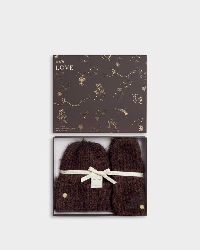 Katie Loxton Gift Boxed Hat And Mitten Set - Chocolate