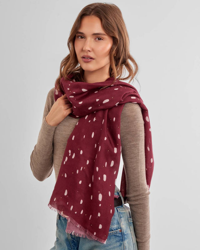 Katie Loxton Scattered Dots Printed Studded Scarf - Burgundy and White