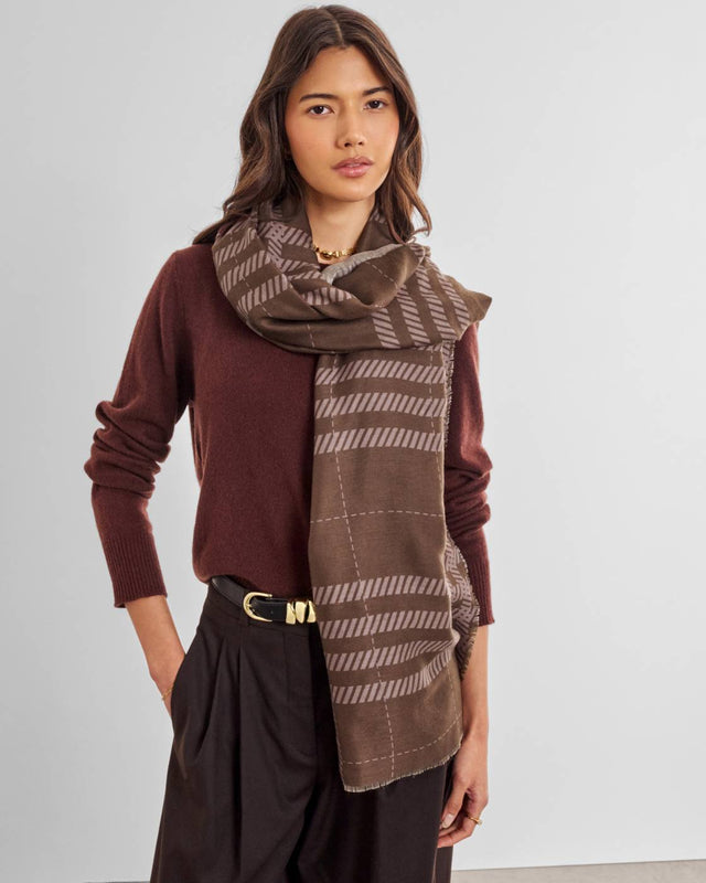 Katie Loxton Check Printed Scarf - Dark Brown and Taupe