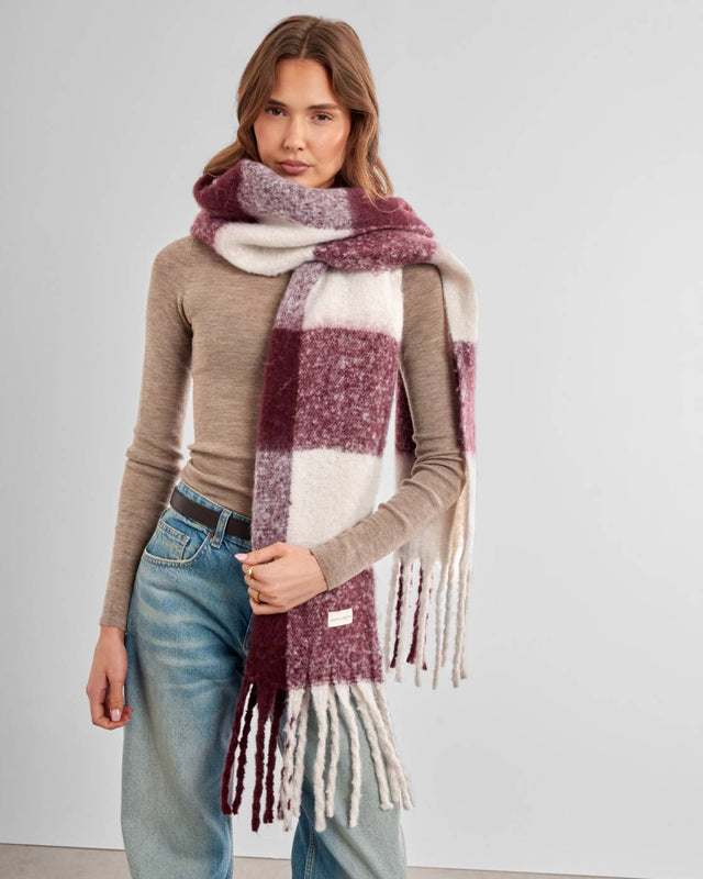 Katie Loxton Recycled Checked Tassel Scarf - Cherry
