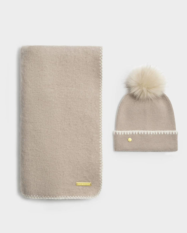 Katie Loxton Whipstitch Pom Pom Knitted Hat - Taupe