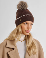 Katie Loxton Whipstitch Pom Pom Knitted Hat - Chocolate