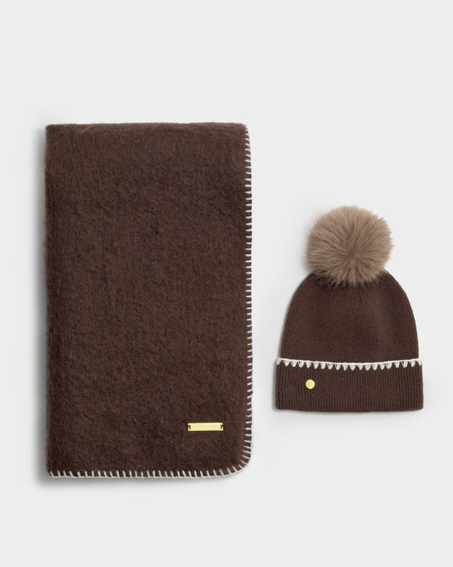 Katie Loxton Whipstitch Pom Pom Knitted Hat - Chocolate